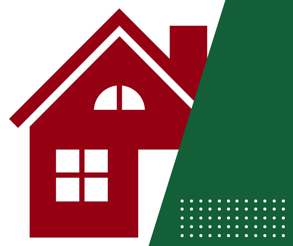 Red house behind green object icon